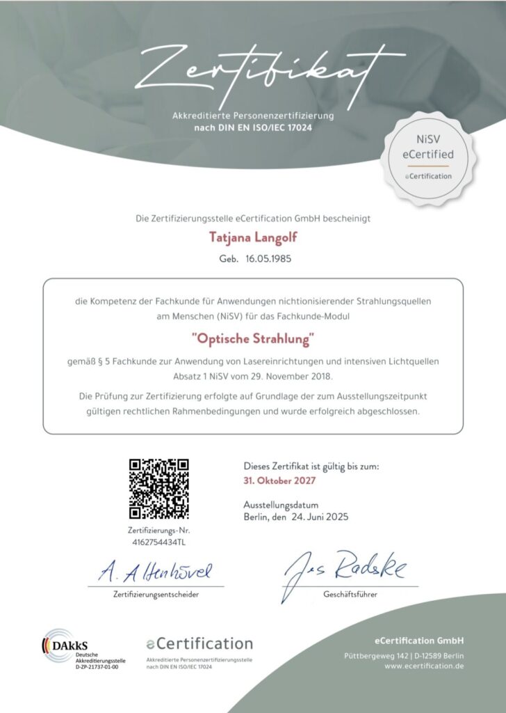 Laserbehandlungszertifikat Institut Langolf